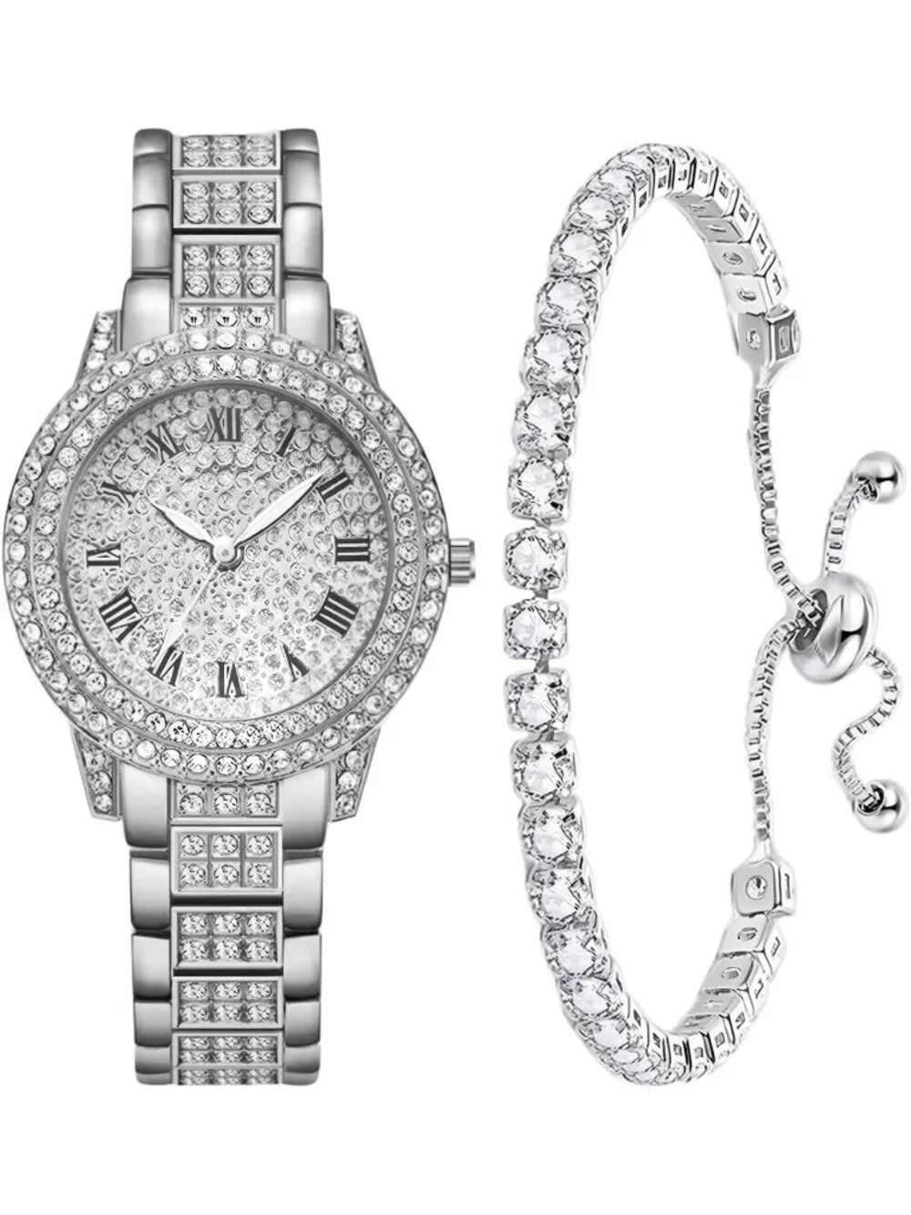 Women's Silver Interior Full Diamond Bling Rhinestone Roman Numerals Wristwatch
